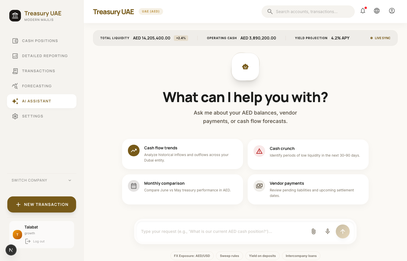 Alif AI assistant answering treasury questions with charts and data