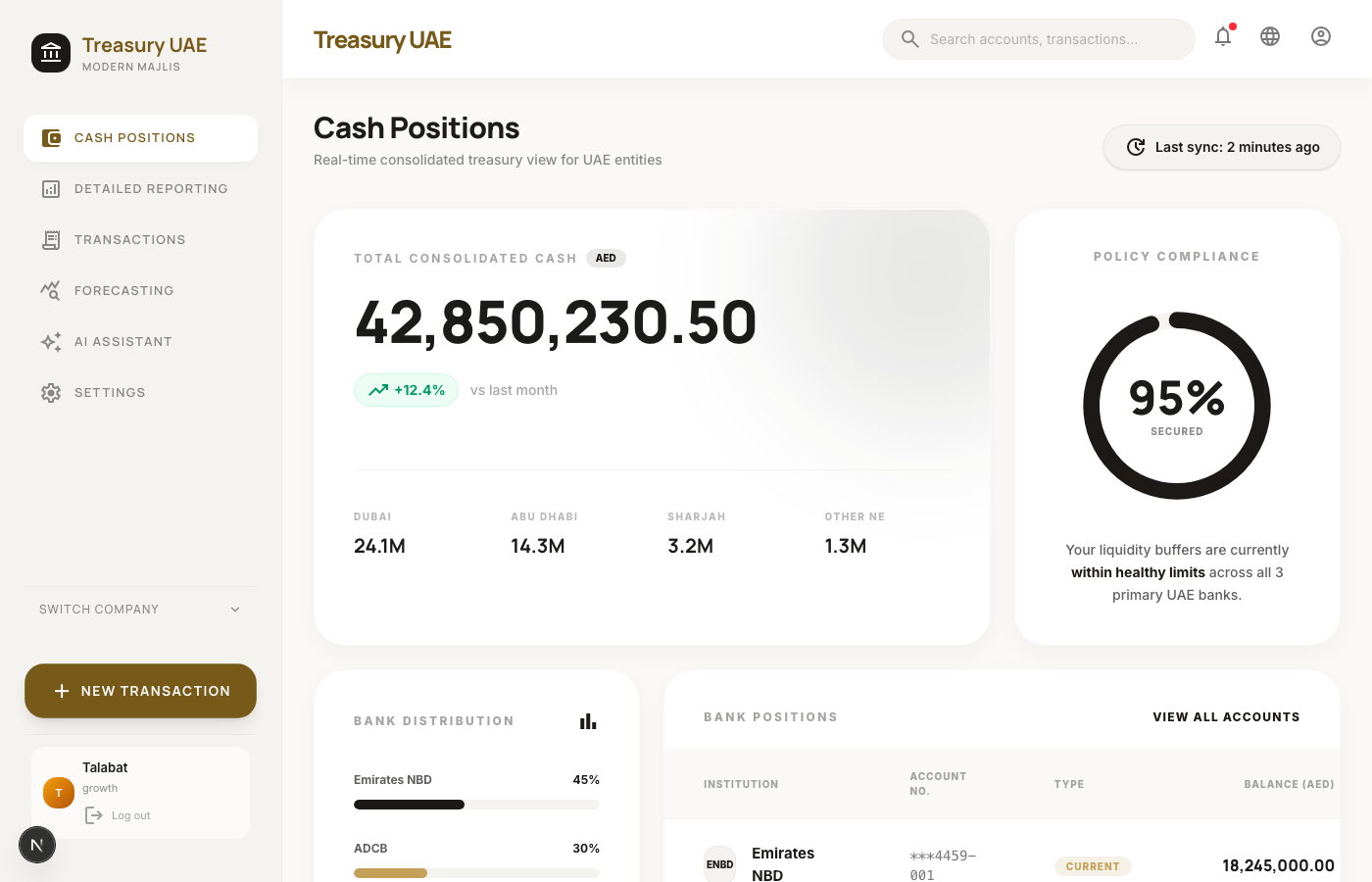 Alif cash positions dashboard showing consolidated multi-bank view
